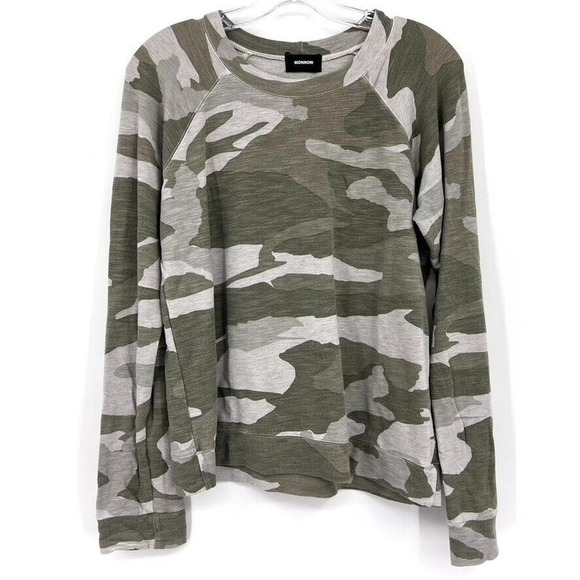 Monrow Women's Medium Green Camo Long Sleeve Crewneck Sweatshirt Top - Picture 1 of 7
